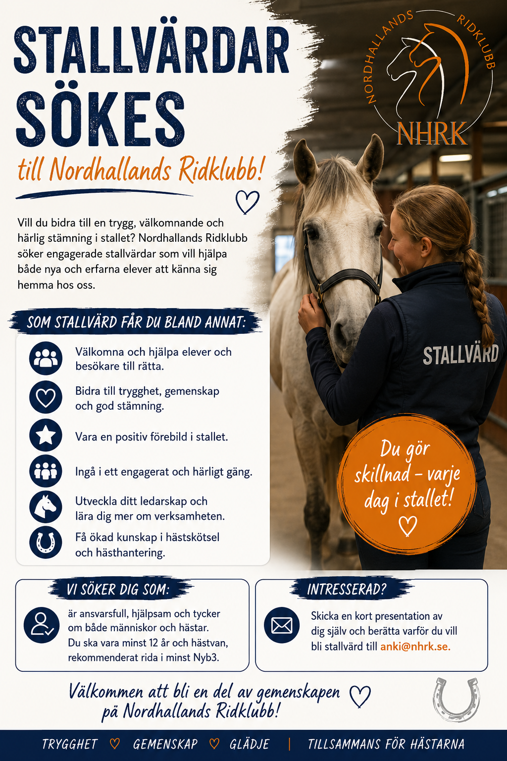 Vi söker fler stallvärdar till Nordhallands Ridklubb!
